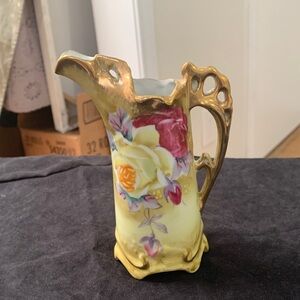 Vintage Creamer/Pitcher HandPainted Nippon Pink Yellow Roses Intricate Gold Trim